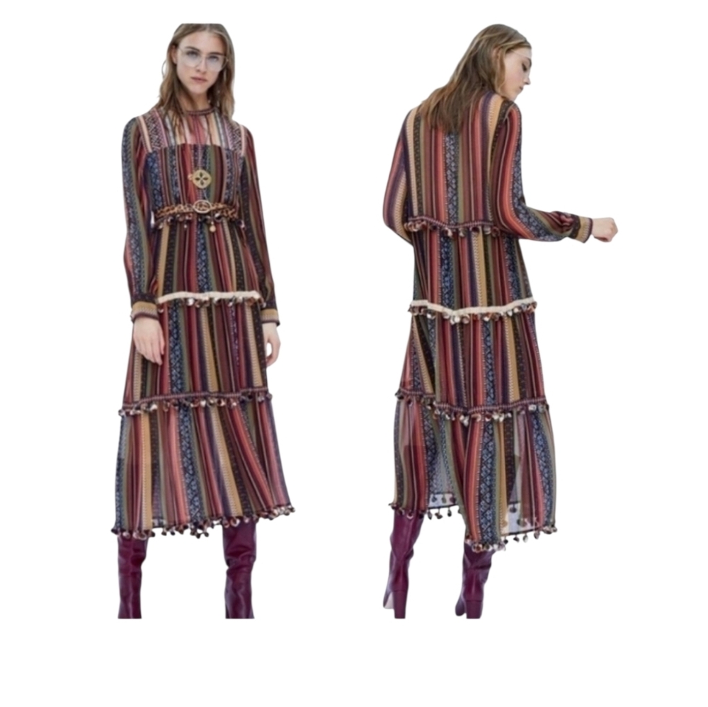ZARA blogger Fab long rainbow stripe Pom Pom boho tiered maxi dress XS